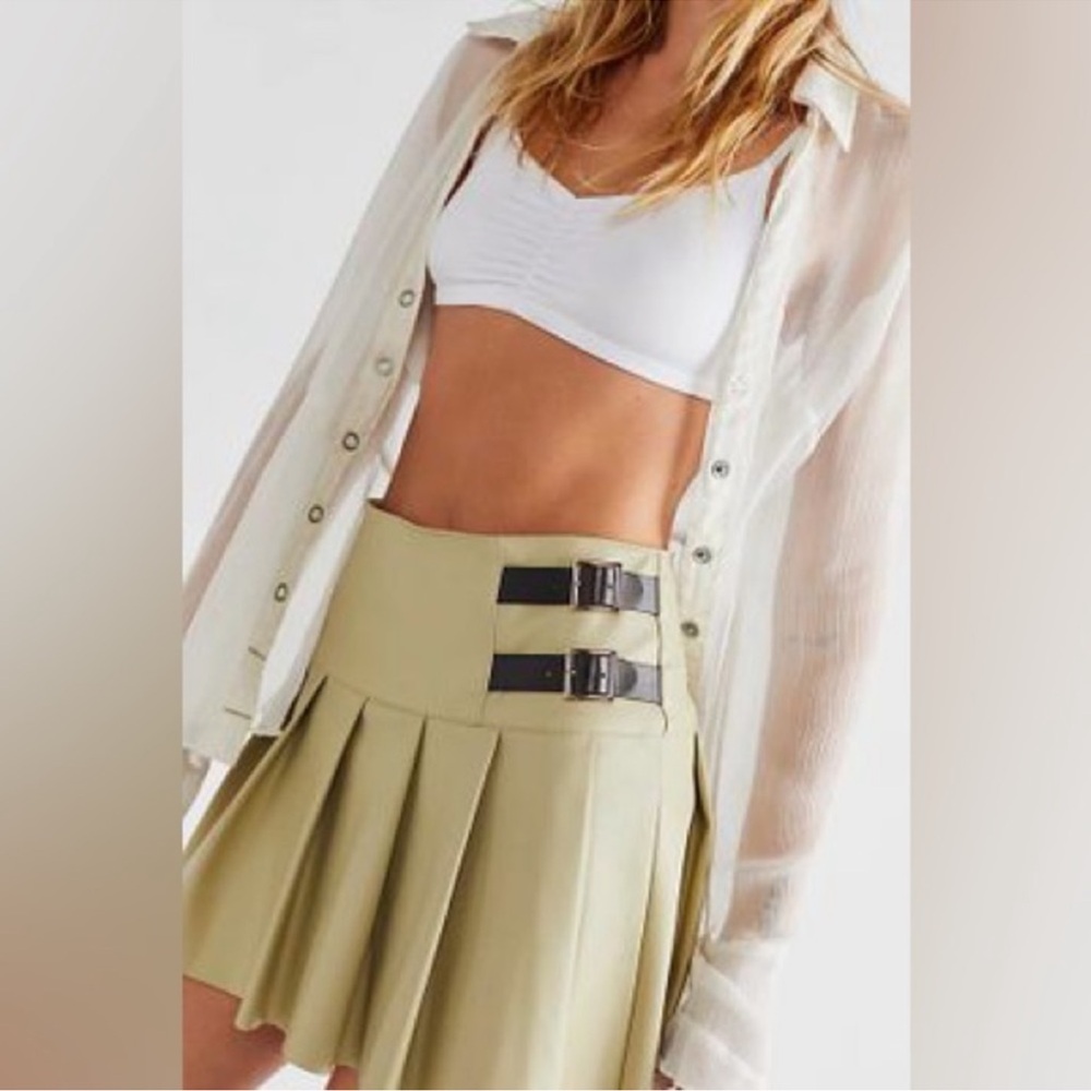 WeWoreWhat Faux Vegan Leather Tennis Skirt in Oat Tan Skirt with Buckle Accents